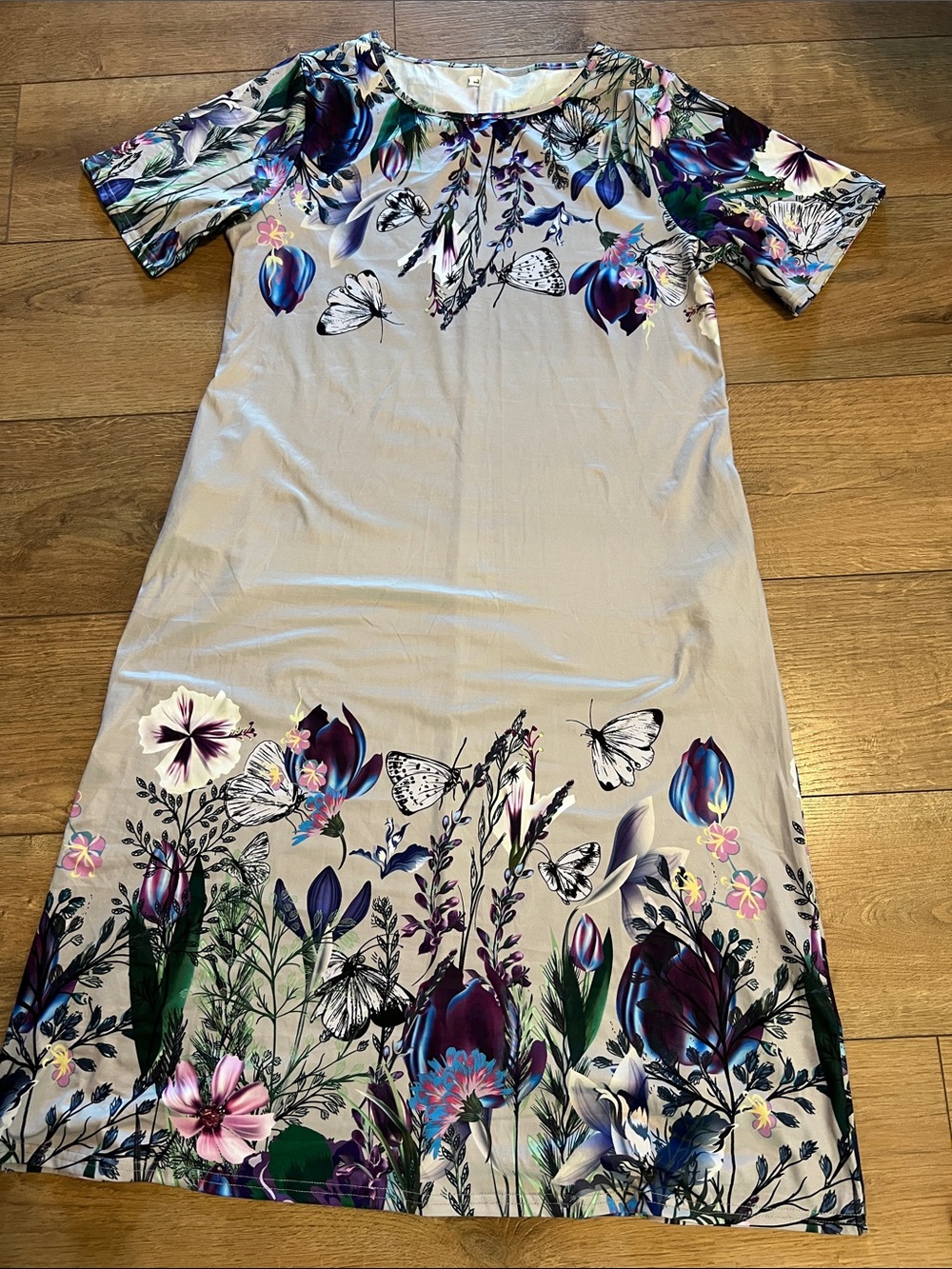 Source Unknown Taupe Midi Dress with Purple, Blue and Green Floral Accents